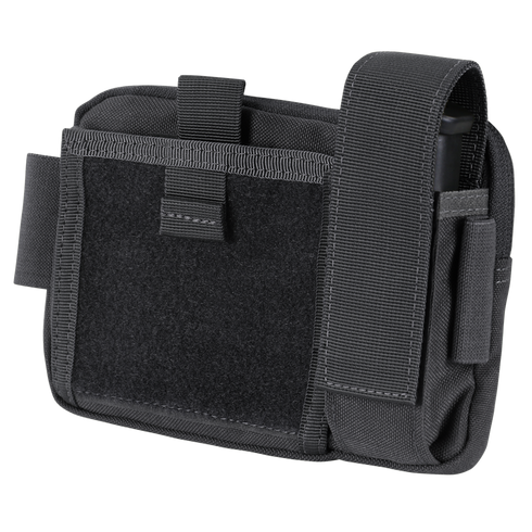 The Condor Annex Admin Pouch is a black tactical utility pouch for EDC or military use, featuring a large front Velcro panel, side and top straps, and a zippered main compartment.