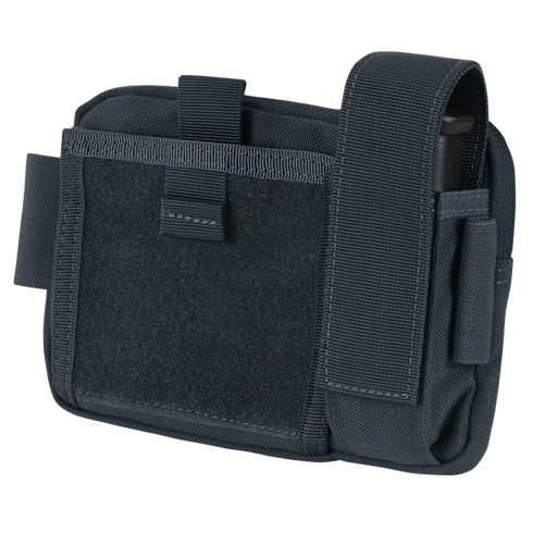 The Condor Annex Admin Pouch is a compact black tactical pouch with flap closure and external strap, crafted from durable fabric—perfect for first responders or law enforcement professionals.