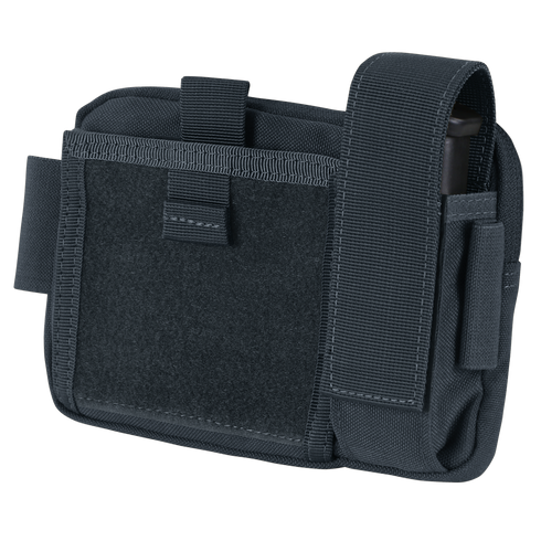 The Condor Annex Admin Pouch is a compact black tactical pouch with flap closure and external strap, crafted from durable fabric—perfect for first responders or law enforcement professionals.