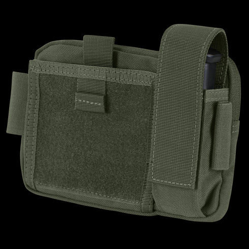 The Condor Annex Admin Pouch, shown in green with a flap closure, hook-and-loop fastener, and side compartment, is ideal for military use and displayed against a white background.
