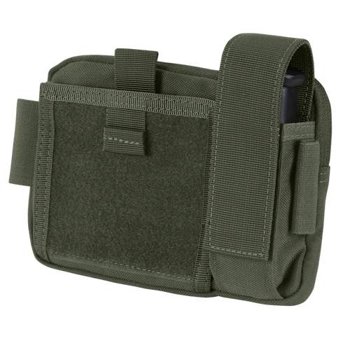 The Condor Annex Admin Pouch, shown in green with a flap closure, hook-and-loop fastener, and side compartment, is ideal for military use and displayed against a white background.