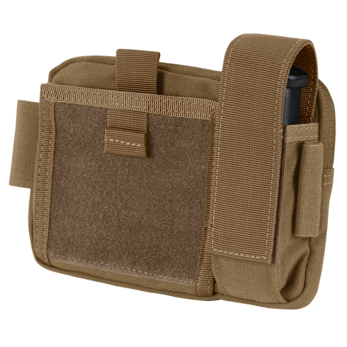 The Condor Annex Admin Pouch is a tan tactical pouch featuring a front hook-and-loop panel, secure flap, and side pocket—perfect for carrying EDC gear or accessories for bushcraft and first responder use.