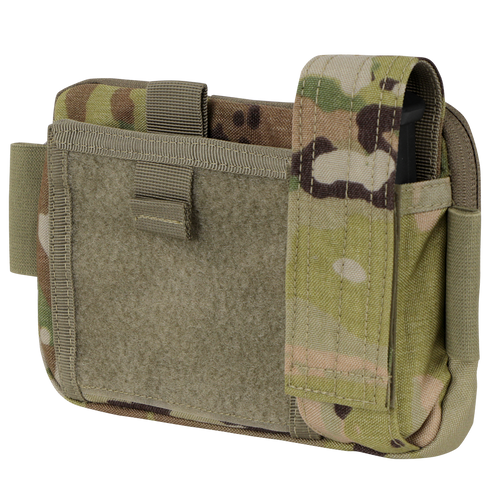 The Condor Annex Admin Pouch in Scorpion OCP features a front flap, hook-and-loop closure, and MOLLE webbing on the back for secure attachment.