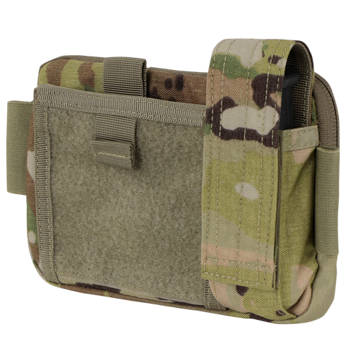 The Condor Annex Admin Pouch in Scorpion OCP features a front flap, hook-and-loop closure, and MOLLE webbing on the back for secure attachment.