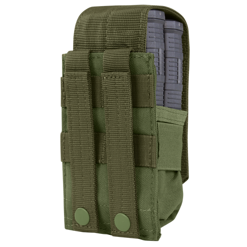 The Condor Single M14 Mag Pouch Gen II is a green pouch with MOLLE straps and snap closures on the back, designed to securely hold one magazine.