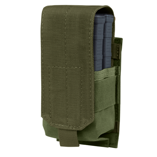 The Condor Single M14 Mag Pouch Gen II in Olive Drab is a tactical pouch with a flap cover, designed to hold a black rectangular magazine.
