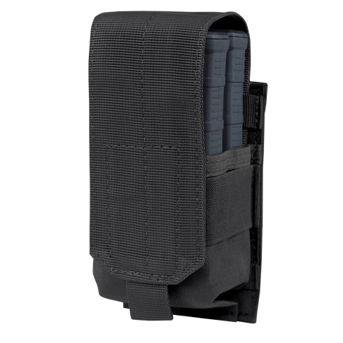 The Condor Single M14 Mag Pouch Gen II is a black tactical nylon pouch with a flap cover and Velcro closure, designed to securely hold one magazine—perfect for EDC or range use.