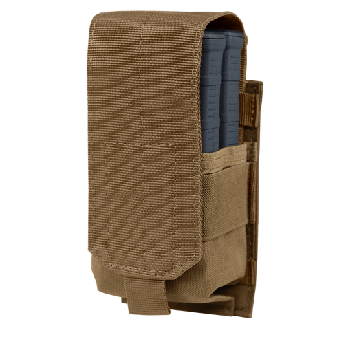 The Condor Single M14 Mag Pouch Gen II in tan securely holds a blue rifle magazine with a flap cover. Ideal for military use or range gear, its designed for sturdy attachment to belts or equipment.