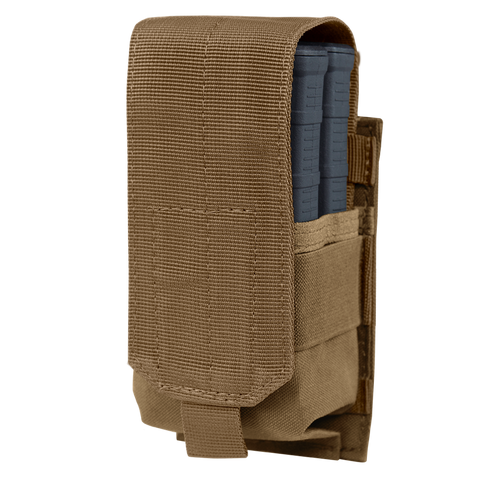 The Condor Single M14 Mag Pouch Gen II in tan securely holds a blue rifle magazine with a flap cover. Ideal for military use or range gear, its designed for sturdy attachment to belts or equipment.