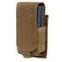 The Condor Single M14 Mag Pouch Gen II in tan securely holds a blue rifle magazine with a flap cover. Ideal for military use or range gear, its designed for sturdy attachment to belts or equipment.