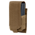 The Condor Single M14 Mag Pouch Gen II in tan securely holds a blue rifle magazine with a flap cover. Ideal for military use or range gear, its designed for sturdy attachment to belts or equipment.