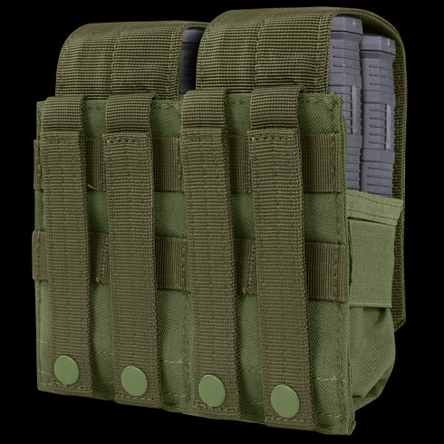 The Condor Double M14 Mag Pouch Gen II, in green, features four vertical straps with snap buttons and holds two black rifle magazines.