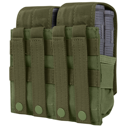 The Condor Double M14 Mag Pouch Gen II, in green, features four vertical straps with snap buttons and holds two black rifle magazines.