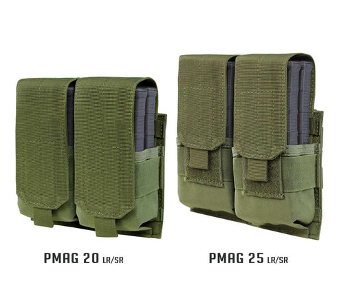 Two olive green Condor Double M14 Mag Pouch Gen II shown side by side, each with adjustable closures and MOLLE compatibility—one holds two PMAG 20 LR/SR mags, the other holds two PMAG 25 LR/SR mags.