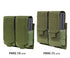 Two olive green Condor Double M14 Mag Pouch Gen II shown side by side, each with adjustable closures and MOLLE compatibility—one holds two PMAG 20 LR/SR mags, the other holds two PMAG 25 LR/SR mags.