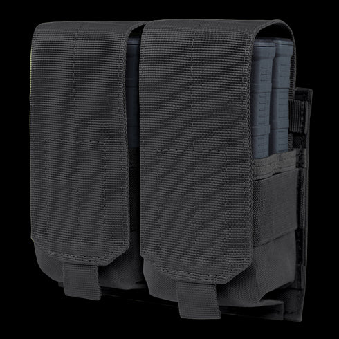 The Condor Double M14 Mag Pouch Gen II in black features two compartments for single rifle mags, each with flap covers, hook-and-loop fasteners, and adjustable closures. MOLLE compatible for versatile attachment.