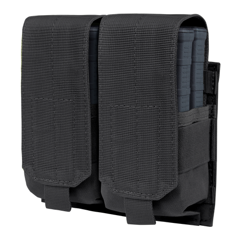 The Condor Double M14 Mag Pouch Gen II in black features two compartments for single rifle mags, each with flap covers, hook-and-loop fasteners, and adjustable closures. MOLLE compatible for versatile attachment.