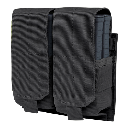 The Condor Double M14 Mag Pouch Gen II in black features two compartments for single rifle mags, each with flap covers, hook-and-loop fasteners, and adjustable closures. MOLLE compatible for versatile attachment.