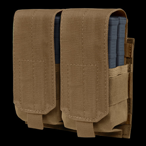 The Condor Double M14 Mag Pouch Gen II in Coyote Brown securely holds two magazines with adjustable Velcro closure and durable fabric, and is MOLLE compatible for versatile attachment.