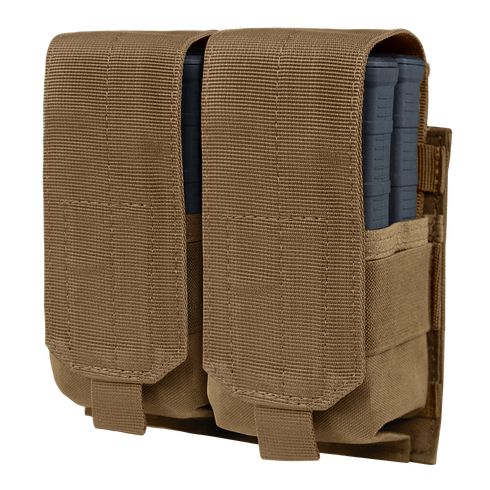 The Condor Double M14 Mag Pouch Gen II in Coyote Brown securely holds two magazines with adjustable Velcro closure and durable fabric, and is MOLLE compatible for versatile attachment.