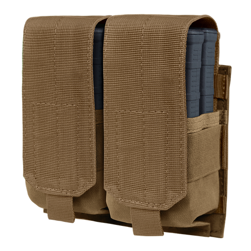 The Condor Double M14 Mag Pouch Gen II in Coyote Brown securely holds two magazines with adjustable Velcro closure and durable fabric, and is MOLLE compatible for versatile attachment.
