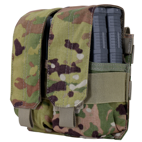Condor Double M14 Mag Pouch Gen II in Scorpion OCP with two rifle magazines partially visible in separate compartments.