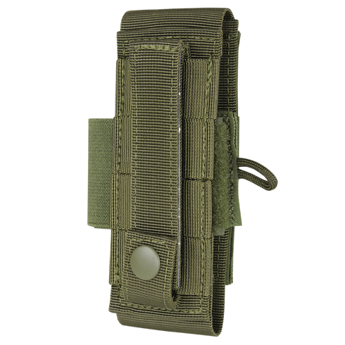 The Condor Universal TQ Pouch in Scorpion OCP features durable nylon construction, webbing accents, snap button closure, and a side pull tab—ideal for carrying compact tools or gear.