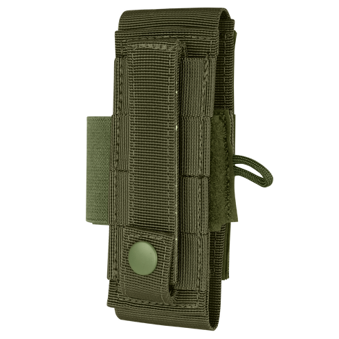 The Condor Universal TQ Pouch is an olive green MOLLE-compatible pouch with a snap button closure and elastic side loop, ideal for carrying small tools or gear.