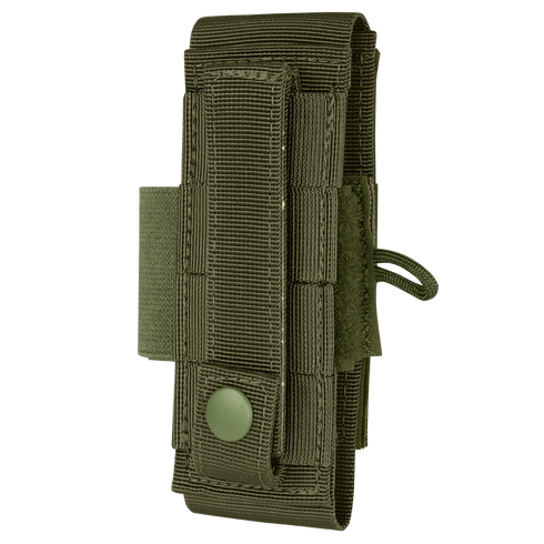 The Condor Universal TQ Pouch is an olive green MOLLE-compatible pouch with a snap button closure and elastic side loop, ideal for carrying small tools or gear.