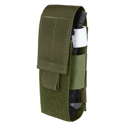 The Condor Universal TQ Pouch is a green nylon pouch with a flap cover, designed to hold a black tourniquet secured by elastic straps.