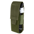 The Condor Universal TQ Pouch is a green nylon pouch with a flap cover, designed to hold a black tourniquet secured by elastic straps.