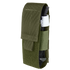 The Condor Universal TQ Pouch is a green nylon pouch with a flap cover, designed to hold a black tourniquet secured by elastic straps.