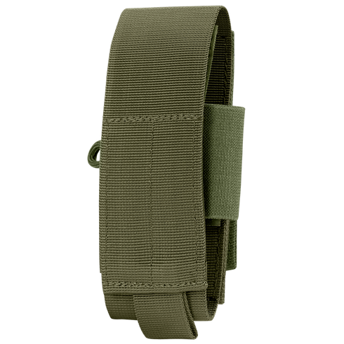 The Condor Universal TQ Pouch in Olive Drab features reinforced stitching and a loop, displayed vertically against a white background.