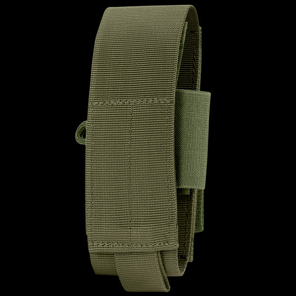 The Condor Universal TQ Pouch in Olive Drab features reinforced stitching and a loop, displayed vertically against a white background.
