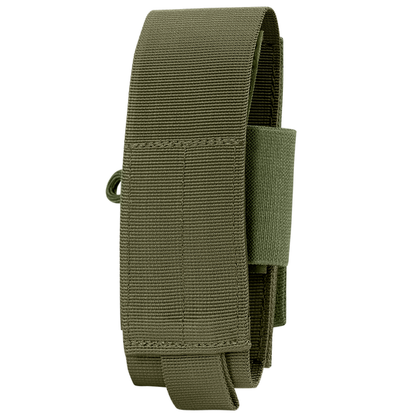 The Condor Universal TQ Pouch in Olive Drab features reinforced stitching and a loop, displayed vertically against a white background.
