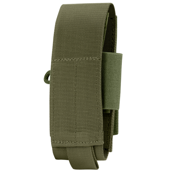 The Condor Universal TQ Pouch in Olive Drab features reinforced stitching and a loop, displayed vertically against a white background.