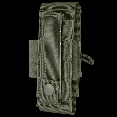 The Condor Universal TQ Pouch in green tactical nylon features a snap button flap, MOLLE webbing, and a side pull tab, displayed upright against a white background.