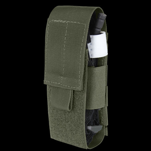 The Condor Universal TQ Pouch in Ranger Green is MOLLE compatible, featuring a hook-and-loop flap closure and allows quick access to a partially visible black tourniquet.