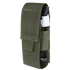 The Condor Universal TQ Pouch in Ranger Green is MOLLE compatible, featuring a hook-and-loop flap closure and allows quick access to a partially visible black tourniquet.