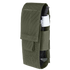 The Condor Universal TQ Pouch in Ranger Green is MOLLE compatible, featuring a hook-and-loop flap closure and allows quick access to a partially visible black tourniquet.