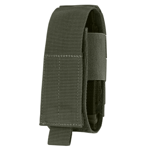 The Condor Universal TQ Pouch is an olive green tactical nylon pouch with reinforced stitching and a flap closure, designed for carrying tools or accessories.