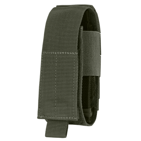 The Condor Universal TQ Pouch is an olive green tactical nylon pouch with reinforced stitching and a flap closure, designed for carrying tools or accessories.