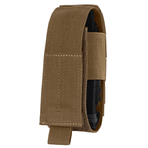 The Condor Universal TQ Pouch in Coyote Brown features hook and loop closure, is MOLLE compatible for easy attachment, and securely holds a tourniquet or similar medical devices for quick access.