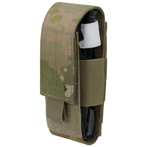 The Condor Universal TQ Pouch in Scorpion OCP features a hook-and-loop flap and elastic strap to securely hold a black tourniquet, all in a camouflage-patterned design.