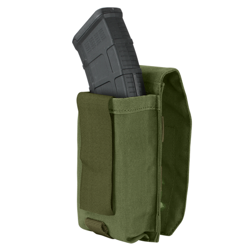 A Condor Universal Rifle Mag Pouch in green designed to hold a black rifle magazine.