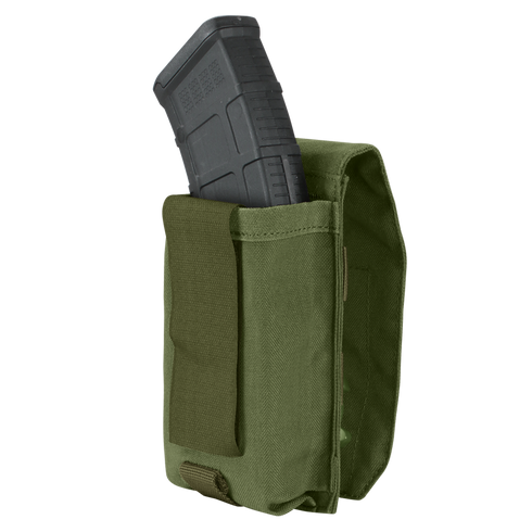A Condor Universal Rifle Mag Pouch in green designed to hold a black rifle magazine.