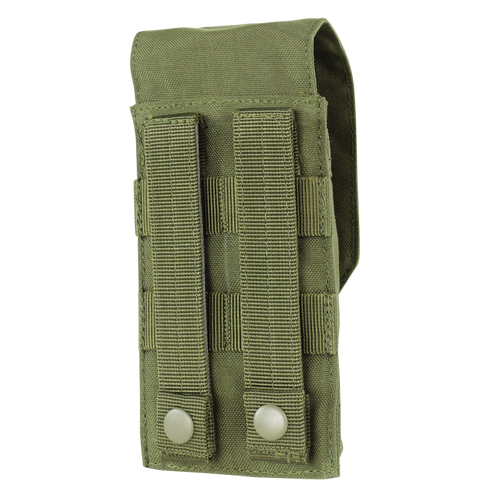 The Condor Universal Rifle Mag Pouch - Scorpion OCP features two vertical straps and snap buttons on the back for easy MOLLE attachment—an ideal choice for first responders or law enforcement.