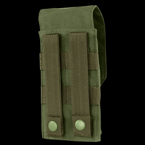The Condor Universal Rifle Mag Pouch is a green tactical pouch featuring two vertical straps and snap buttons on the back for secure attachment to MOLLE-compatible gear.
