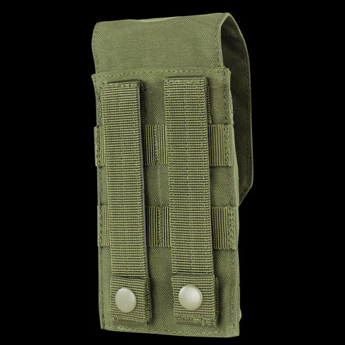 The Condor Universal Rifle Mag Pouch in MultiCam Black features MOLLE straps and snap buttons for secure attachment to gear, making it ideal for military or bushcraft use.