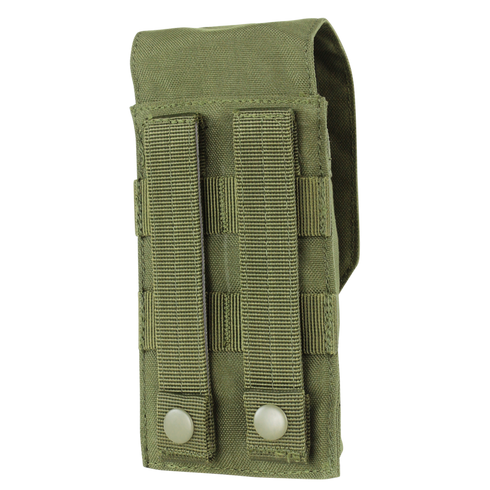 The Condor Universal Rifle Mag Pouch in MultiCam Black features MOLLE straps and snap buttons for secure attachment to gear, making it ideal for military or bushcraft use.
